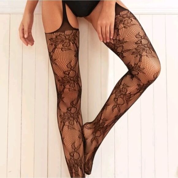 Black Fishnet Stockings with Attached Garter Belt & Thong - Hoisery - Pantyhose - Picture 4 of 14